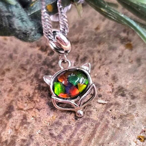 Nature Rainbow Ammolite Inlay 925 Fox Pendant Necklace - Picture 1 of 11